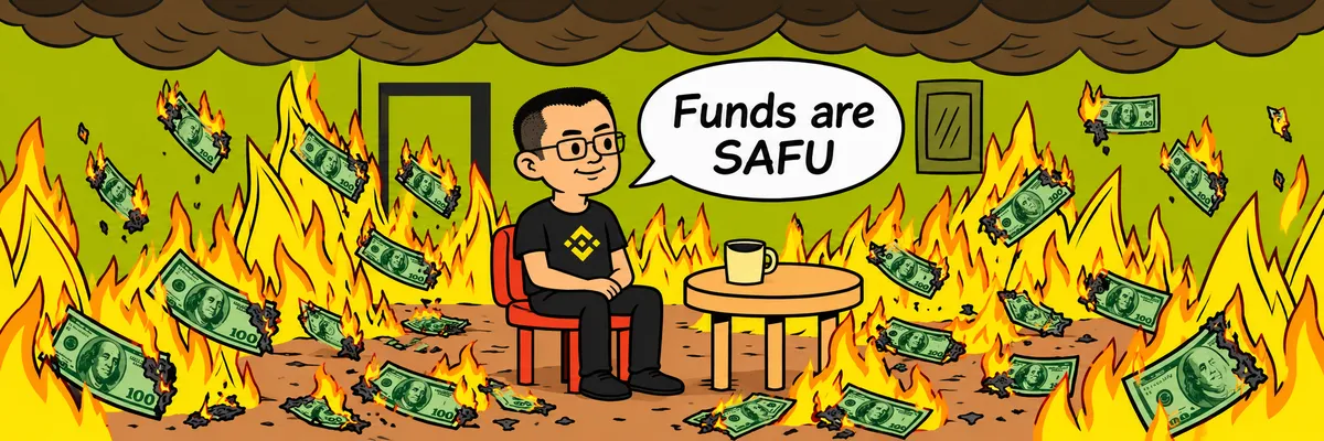 Wide scene: the CZ-parody at a small table with coffee, flames and burning $100 bills everywhere, speech bubble 'Funds are SAFU'