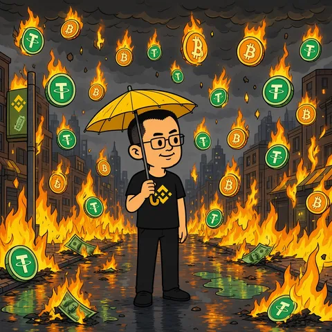 Tiny yellow umbrella on a burning city street as flaming Bitcoin & USDT coins rain down