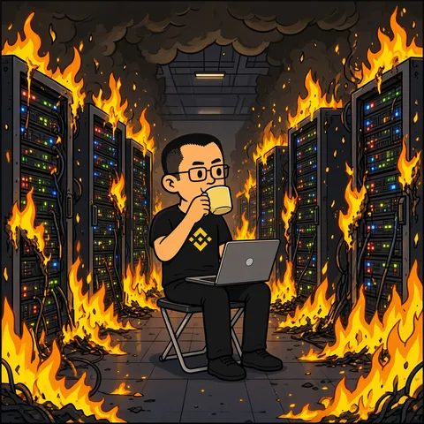 Folding stool in a burning data-center server aisle, laptop on knee, sipping coffee
