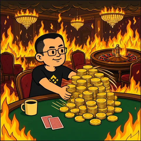 All-in with a tower of yellow diamond chips at a poker table while the casino burns